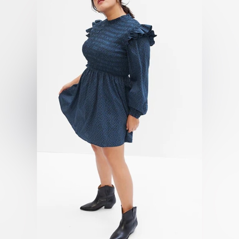 Gap Flare Smocked Ruffle Dress Womens L Blue Floral‎ Balloon Long Sleeve